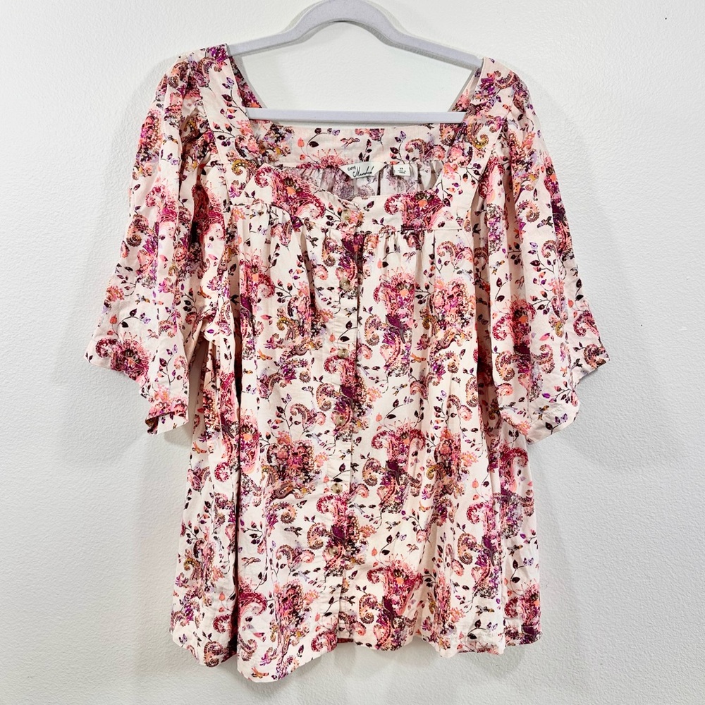 Caffe Marrakesh Boho Floral Paisley Top Linen Blend Button Down 2X Plus Size